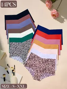 Women's Solid Color & Leopard Print Knicker, Casual Comfy Breathable Seamless Panty Collection for Daily Wear, 14pcs/10pcs/7pcs, Underwear for All Seasons