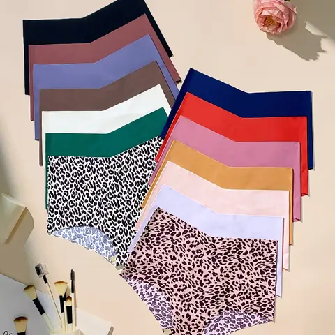 Women's Solid Color & Leopard Print Knicker, Casual Comfy Breathable Seamless Panty Collection for Daily Wear, Casual Everyday Panties, 14pcs/10pcs/7pcs, Underwear for All Seasons