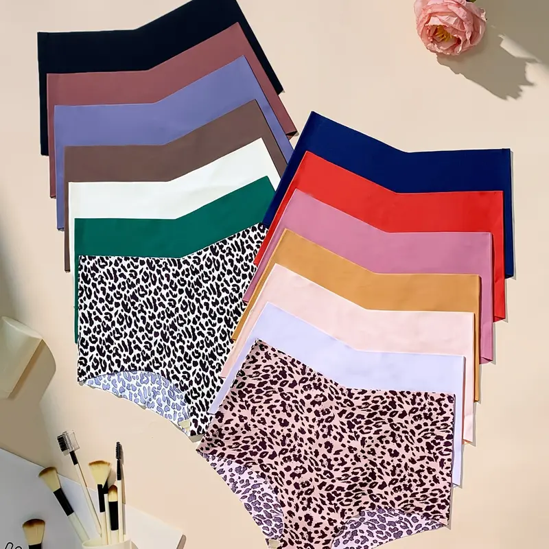 Women's Solid Color & Leopard Print Knicker, Casual Comfy Breathable Seamless Panty Collection for Daily Wear, Casual Everyday Panties, 14pcs/10pcs/7pcs, Underwear for All Seasons