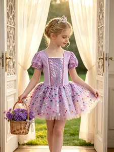 Little Girls' Purple Sequin Ballet Tutu Dress - Rainbow Dot Tulle, Puff Sleeves - Dance Costume for Recital, Birthday Princess Dress-Up