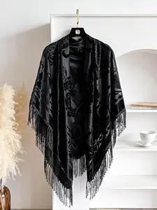 Women's Floral Print Fringe Trim Cape Shawl, Casual Elegant Open Front Shawl for Daily Wear, Fashion Clothes for Women & Girls, Lady