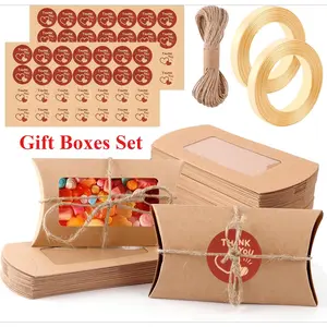 50 Pack Cushion Boxes Set,14.5 x 7.5 cm Kraft Paper Gift Box with Clear Window,Sweets Gift Boxes with Sticker Twine Ribbon for Wedding,Birthday,Christmas,Party,DIY Hand Tools Kits