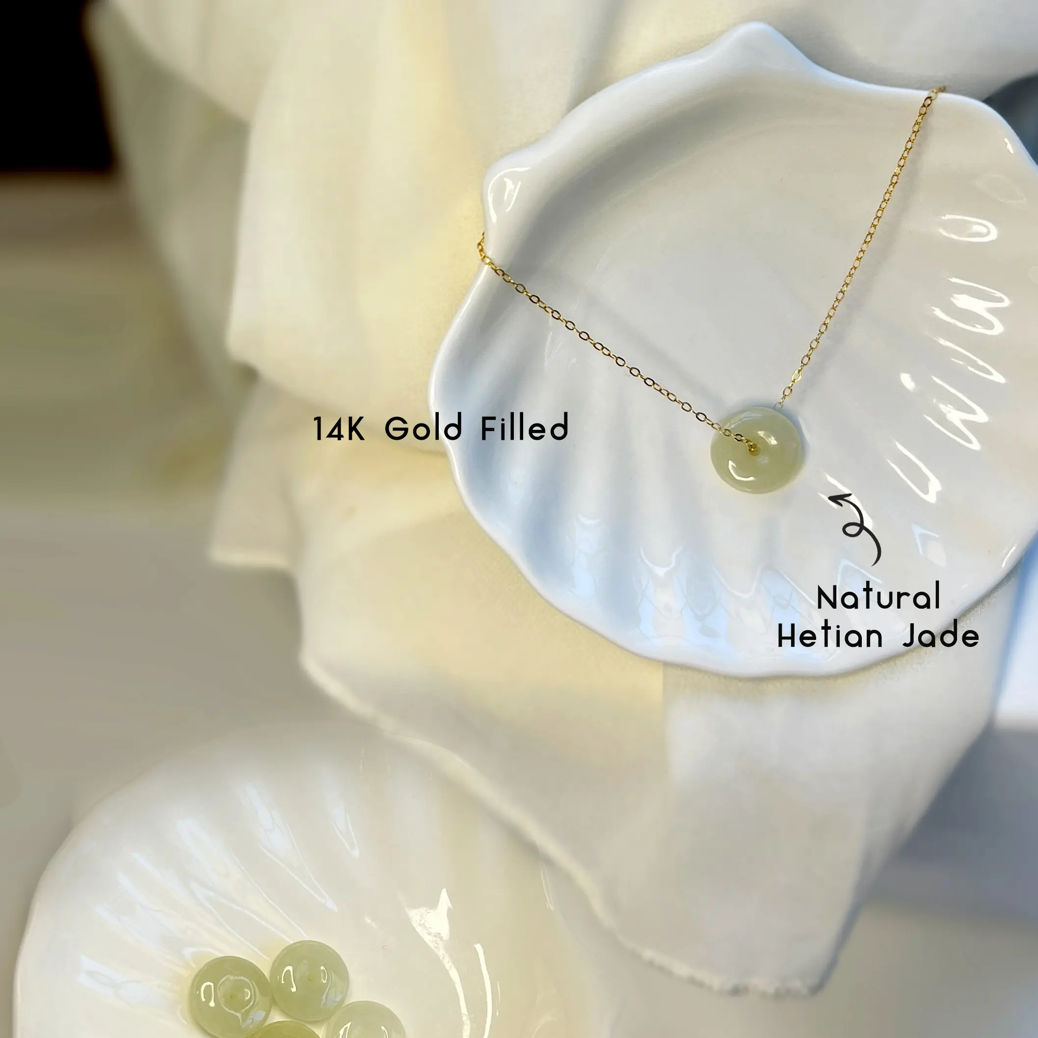 Natural Hetian Jade Necklace, Donut Nephrite Pendant with Dainty Gold Filled Chain