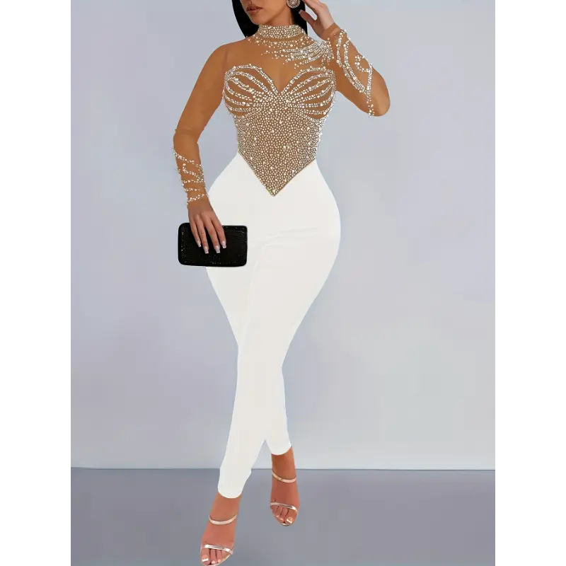 Women's Adult Sparkle Rhinestone Illusion Neck Polyester Fabric Jumpsuit - Long Sleeve, Tight, Stretchy, Chic Party Wear for Formal Events, Night Out, Fit, Longsleeves, Rhinestones, Unitard Jumpsuit, Elegant