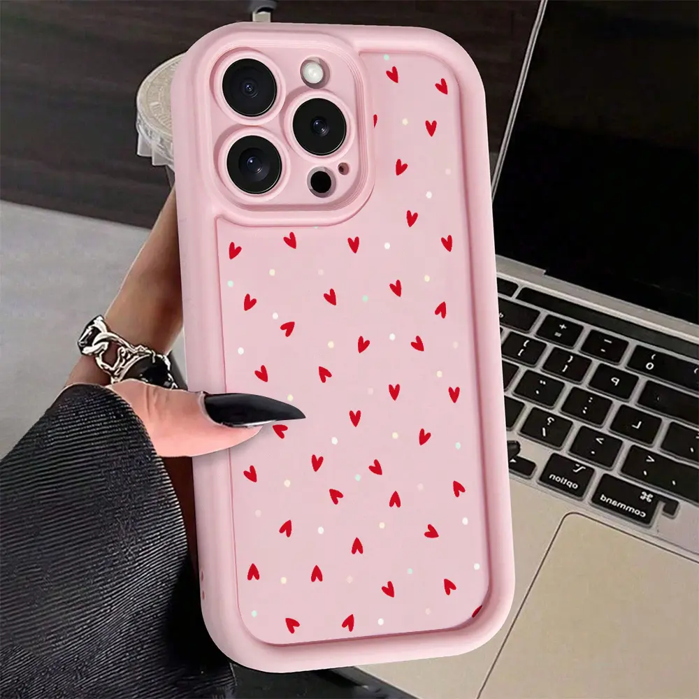 TPU Silicone Non-Slip Shockproof iPhone Case with Full-Screen Dots & Hearts 2D Printing, Raised Straight Edges, Drop-Resistant Rugged Casing for iPhone 17 Pro Max,16,16e,15,14 Plus,13,12 Mini,11,Air,X,XS - Valentine's Day Gift, Smartphone Accessory, Iphon