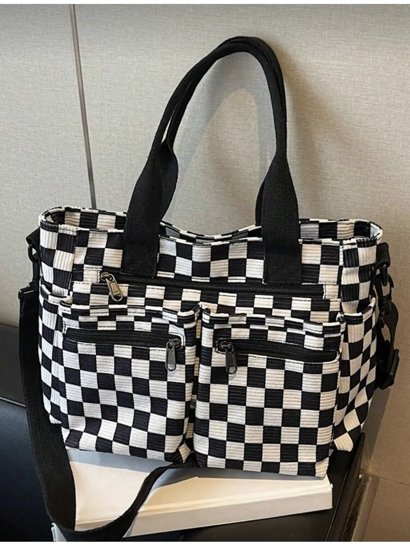 Chess Pattern Corduroy Women's Fashion Handbag Large Capacity Multi Pockets Tote Bag Casual Commuter Bag Detachable Adjustable Strap Casual Shopping Travel Work School Party Gift