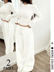 Women's Two-Piece Set, European Style Round Neck Long Sleeve Top, Straight Leg Drawstring Pants, Comfortable Fabric, Perfect for Daily Wear, Travel, Shopping