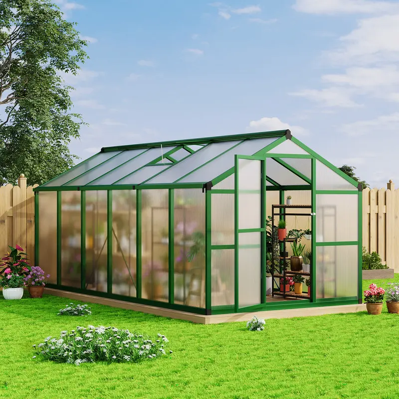 8x12 FT Greenhouse, Easy Assembly Aluminum Polycarbonate Greenhouses for Outdoors with Roof Vent, Large Aluminum Walk-in Greenhouse for Sunroom Patio, Backyard, Garden, Single Lockable Door, Green