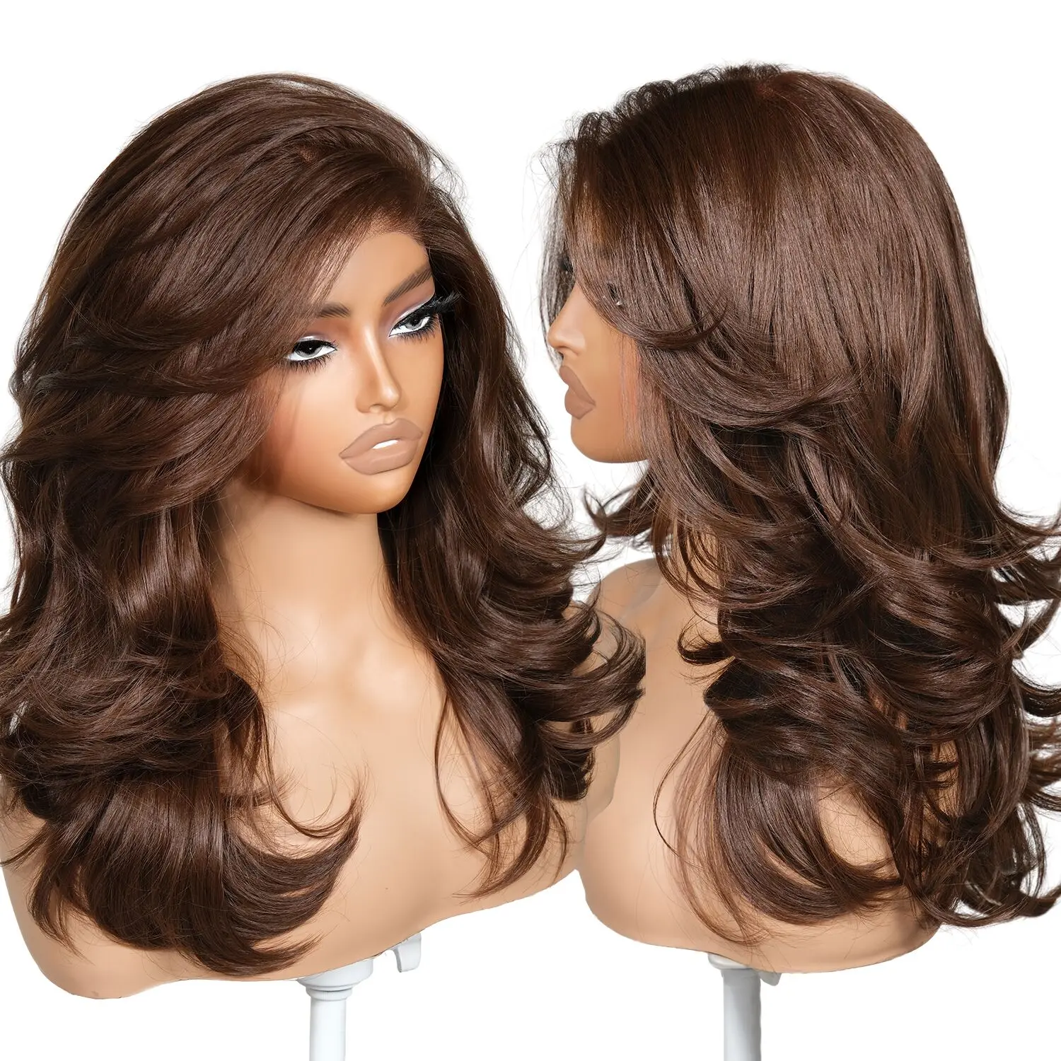 BrownBomb 18 Inch Flippy Layers Feather Curly Wig – 13×6 Lace, Pre‑Plucked Hairline, Daily‑Wear Friendly, Vivid Self‑Growing Hairline with Curly Bangs – Light & Airy, Perfect for Hot Summer Days ️