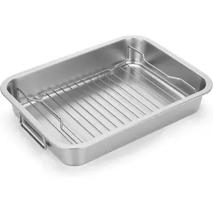 Stainless Steel Roasting Pan - Heavy Duty Turkey Roasting Baking Broiler Oven Pan with Rack and Handle for Oven, High Sided Easy to Clean Induction Roast Tray for Chicken, Vegetable, Lasagna