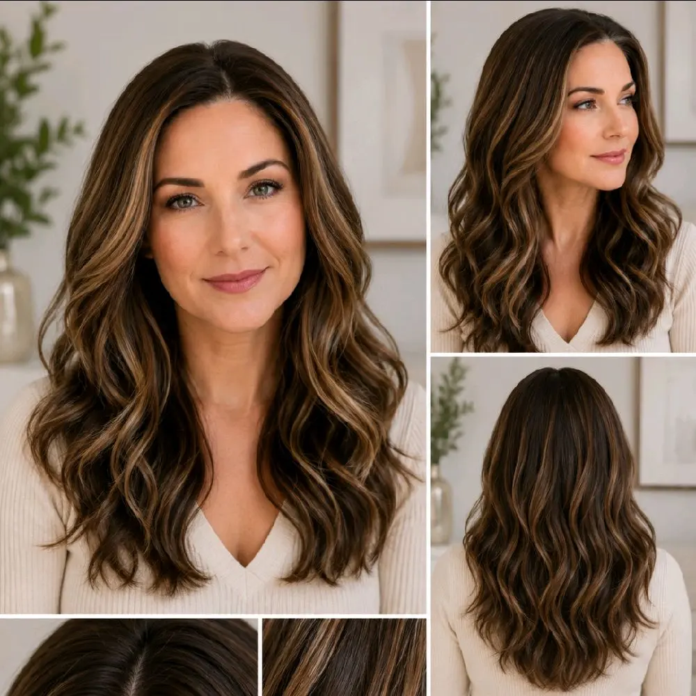 Watered Souls 18" Jonesy Z1315409 Mocha Highlights. Rich brunette tones meet soft ash highlights in this stunning wig bundle.  13x4 swiss lace, 120 density, bio futura fibers, 350 heat tolerance.  Complete bundle must be reuurned for full refund.