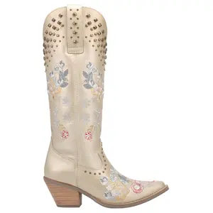 Dingo Womens Poppy Floral Embroidered Metallic Studded Snip Toe Pull On  Casual Boots Knee High Mid Heel 2-3" - Gold