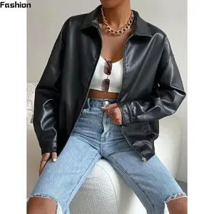 Edgy PU Leather Vibe! Women??s Drop Shoulder Cropped Jacket |   Zip Up for Fall/Winter