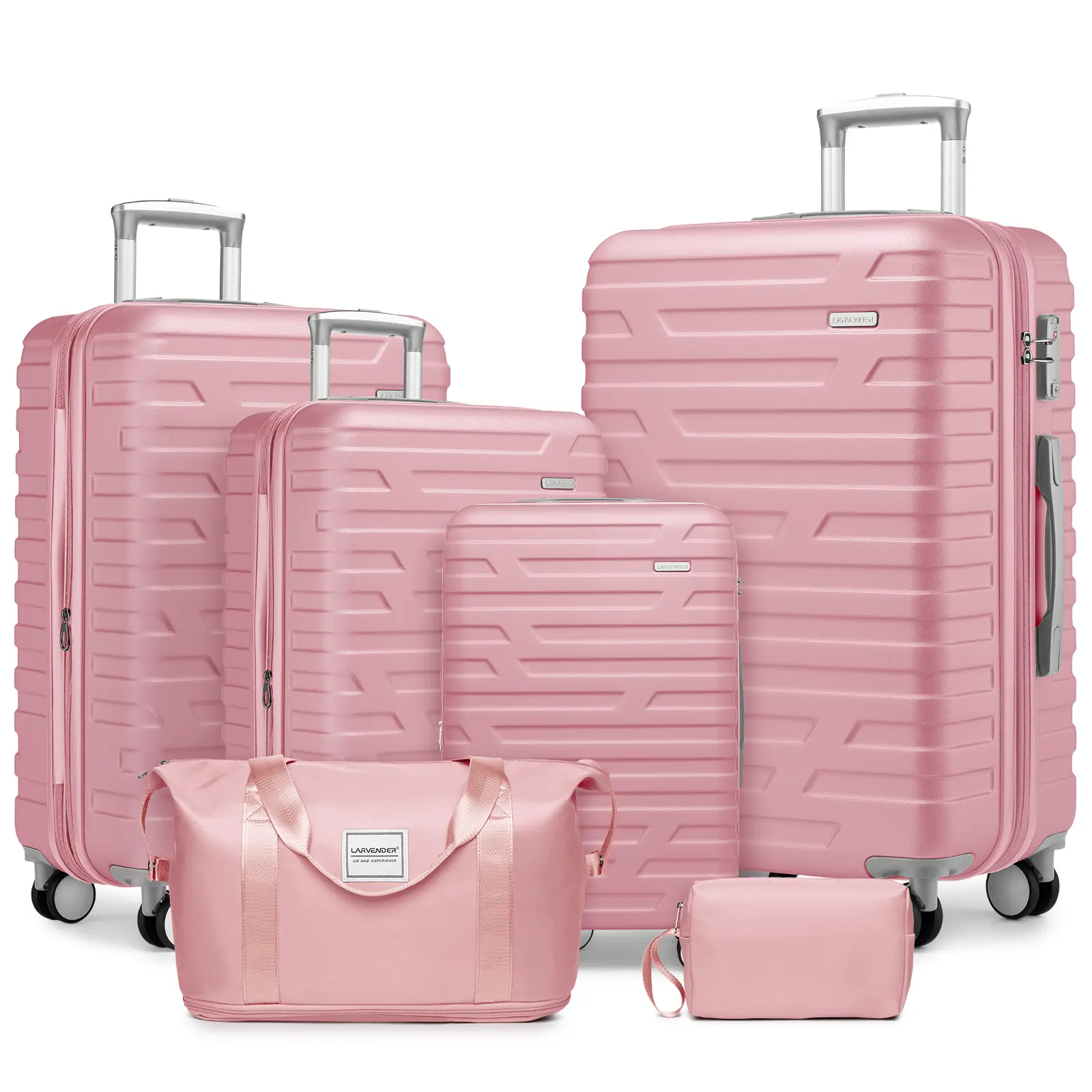 6-Piece Pink Luggage Sets for Women, Ribbed Sturdy ABS Hardshell Expandable Suitcases with Spinner Wheels, TSA Lock and Travel Duffel Bag, Hardside Luggage, Wheeled Luggage