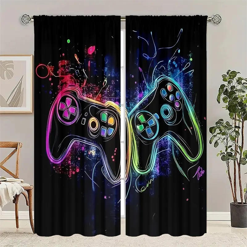 2-piece neon game controller, printed semi-transparent window curtains, Polyester Curtain, Curtain Panels, Window Hanging, suitable for teenage game rooms, e-sports bedrooms, children's rooms, theme guesthouses, trendy living rooms, etc. Easy to clean.