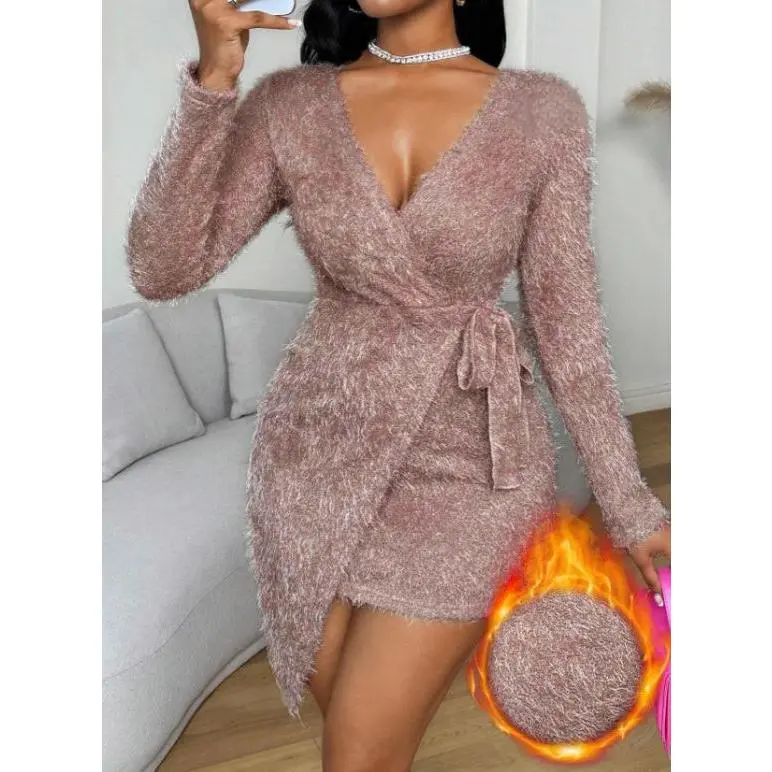 Women's Pure One-piece Strap And Velvet Wrapped Long Sleeved Dress With Buttocks