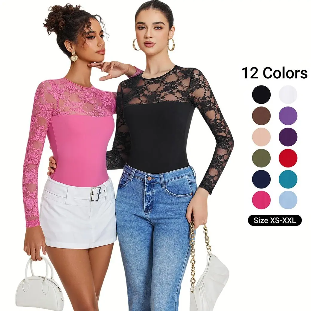 Avidlove Lace Long Sleeve Bodysuit for Women Crew Neck Body Suits Slimming Going Out Concert Tops Fall Outfits