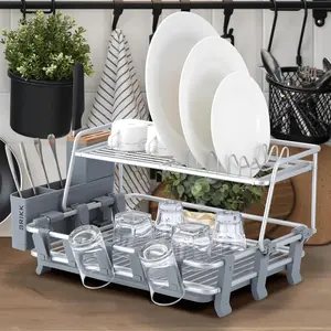 Brikk 2 Tier Aluminum Large Dish Rack with Cutlery Drainer, Knife Block, Wine