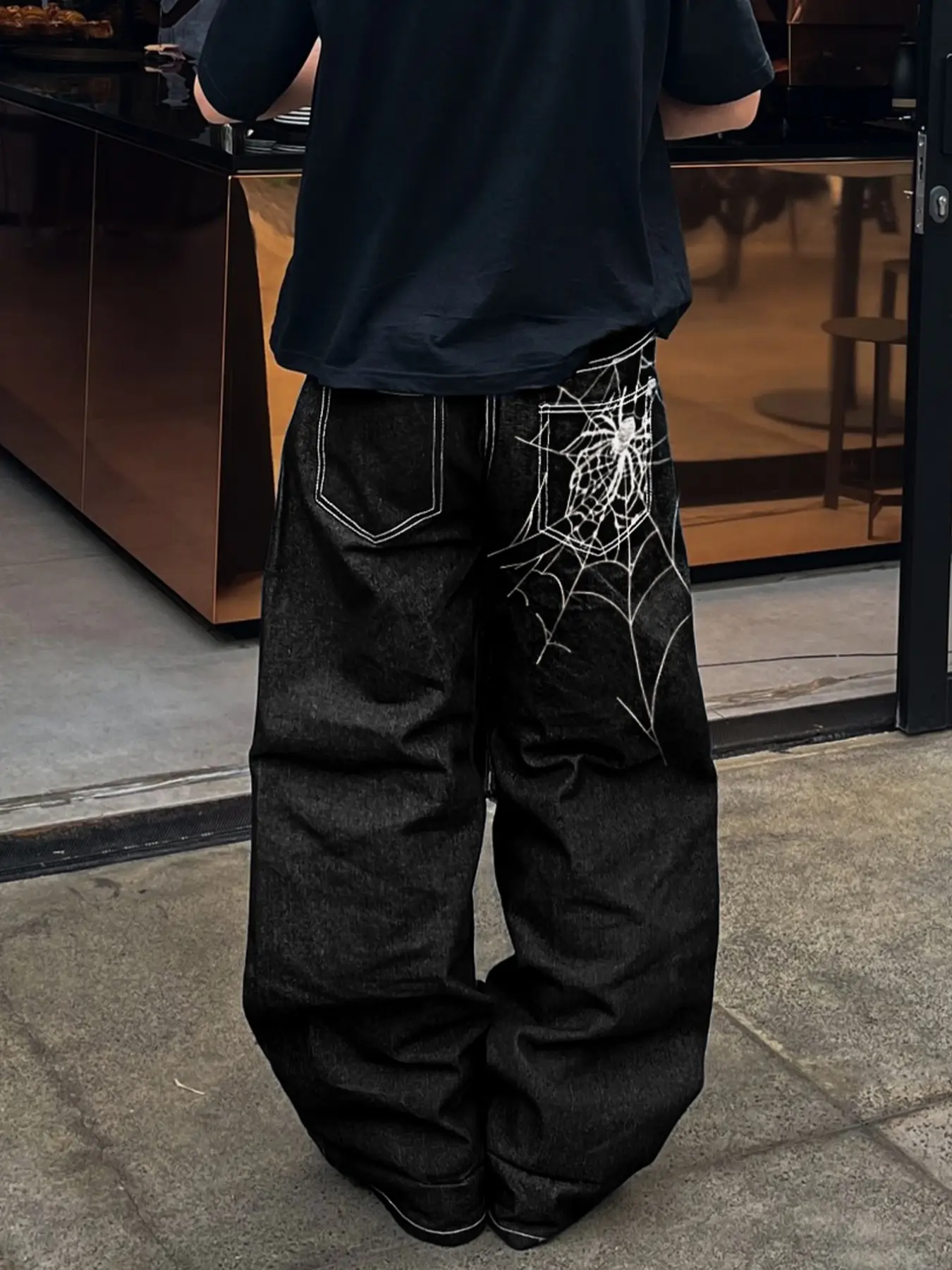 Spider Web Embroidered Jeans, Halloween Jeans, Vintage Washed Rock Style, Fake Pockets, Men's Fashion, Gift for Husband, Boyfriend