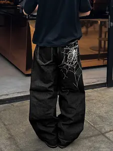 Spider Embroidered Jeans, Vintage Washed Rock Style, Loose Fit, Casual All-Season Wear, Perfect Gift for Husband or Boyfriend