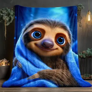 HD Printed Sloth Blanket with Blue Towel Pattern Soft Cozy Flannel Blanket for Travel Camping Sofa Living Room Couch Chair Use