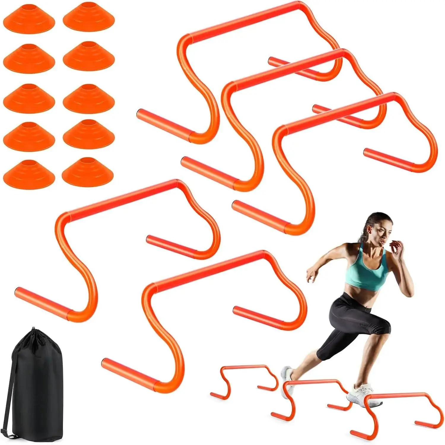 Portable Agility Hurdles Training Equipment - 5 Speed Hurdles, 10 Soccer Cones, Carrying Bag for Soccer, Tennis, Hockey Drills, Ideal for Athlete Speed Training, Lacrosse, Badminton