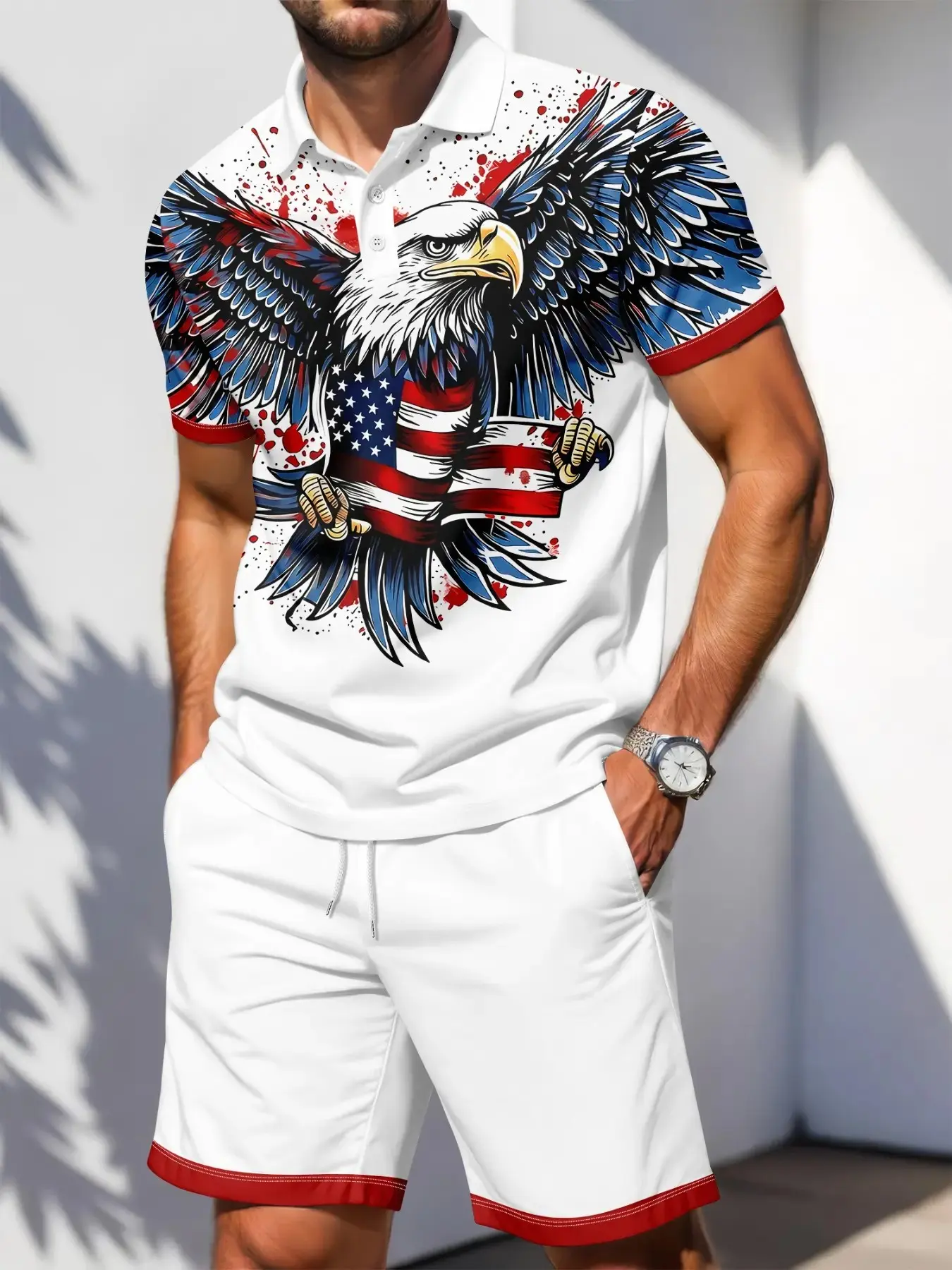 Men's Patriotic American Flag Eagle Print Polo Shirt and Shorts Set, Universal Fit Set, Casual Short Sleeve Suit, Independence Day Breathable Summer Sports Menswear