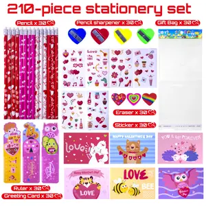 210 Pcs Kids Valentines Day Gifts for School Classroom Exchange Valentines Goodie Bags Stuffers Valentines Day Cards for Kids Party Favors Valentines Stationery Set