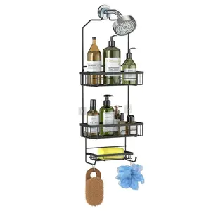 Bathroom Hanging Shower Caddy Organizer with Hooks - 3-Tier Metal Storage Rack for Shower Gel, Soap, and Bath Sponge - Space-Saving Design for Small Bathrooms
