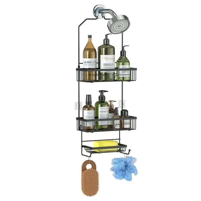 Bathroom Hanging Shower Caddy Organizer with Hooks - 3-Tier Metal Storage Rack for Shower Gel, Soap, and Bath Sponge - Space-Saving Design for Small Bathrooms