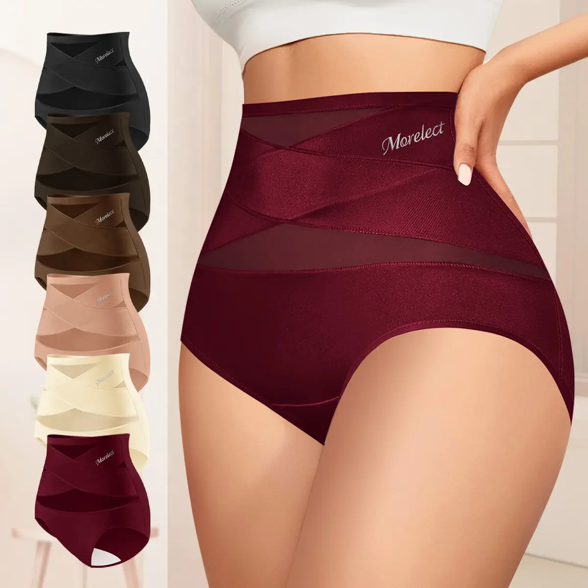 Morelect Women's 4/6/8-Pack Underwear for Women - High-Waisted Full Coverage Panties, Breathable Crisscross Mesh, Featherlight Stretch Fabric, Cross Vents, Plain Design, Morelect Logo Detail