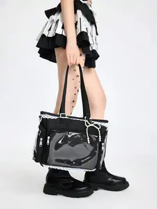A niche personalized and exquisite fashion tote bag, Stylish Versatile Bag, with a large transparent display window, pearl bow and lace design, multiple zippered pockets, reasonable separation, suitable for participating in comic exhibitions and events
