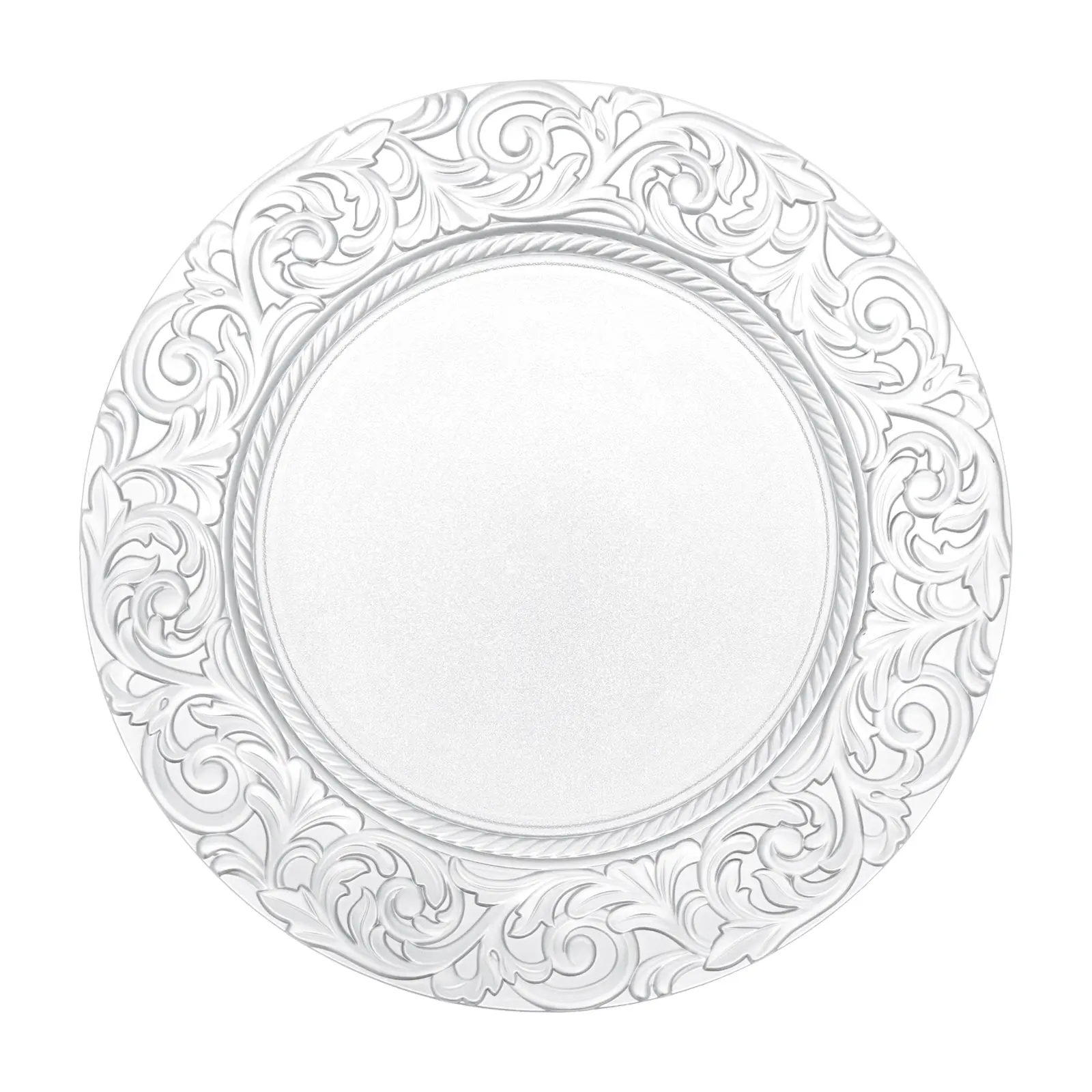 100-Pack Silver Fancy PP Round Disposable Charger Plates Set, Reusable Disposable Tableware for Wedding, Festive Party Supplies & Home Decoration, Disposable Plates Set