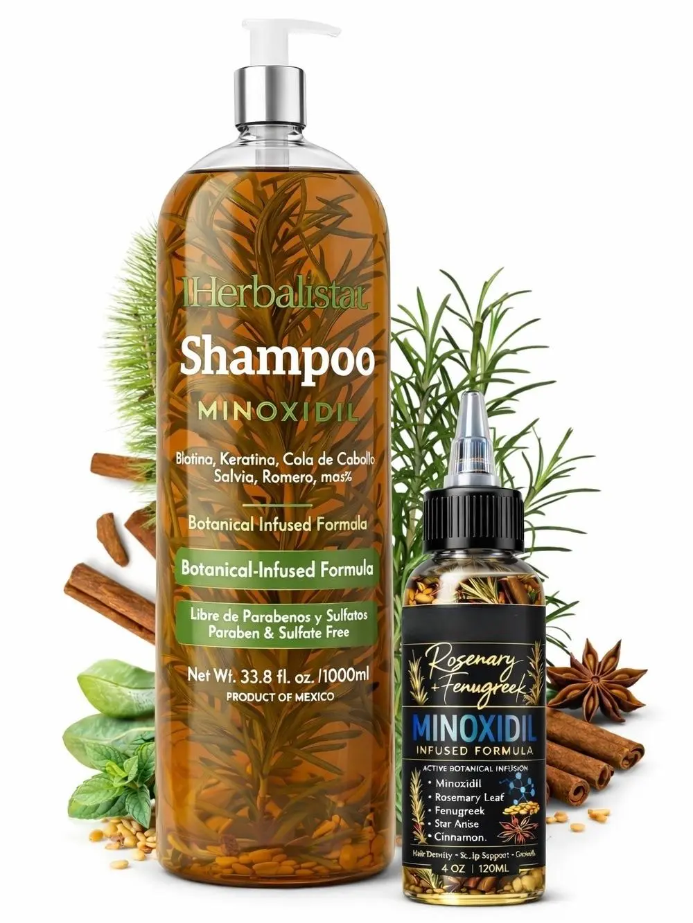 Herbalista Hair Care Combo Set | 1000ml Minoxidil 5% Shampoo + 120ml Hair Oil with Rosemary, Cinnamon, Aloe Vera & Mint Botanical Extracts