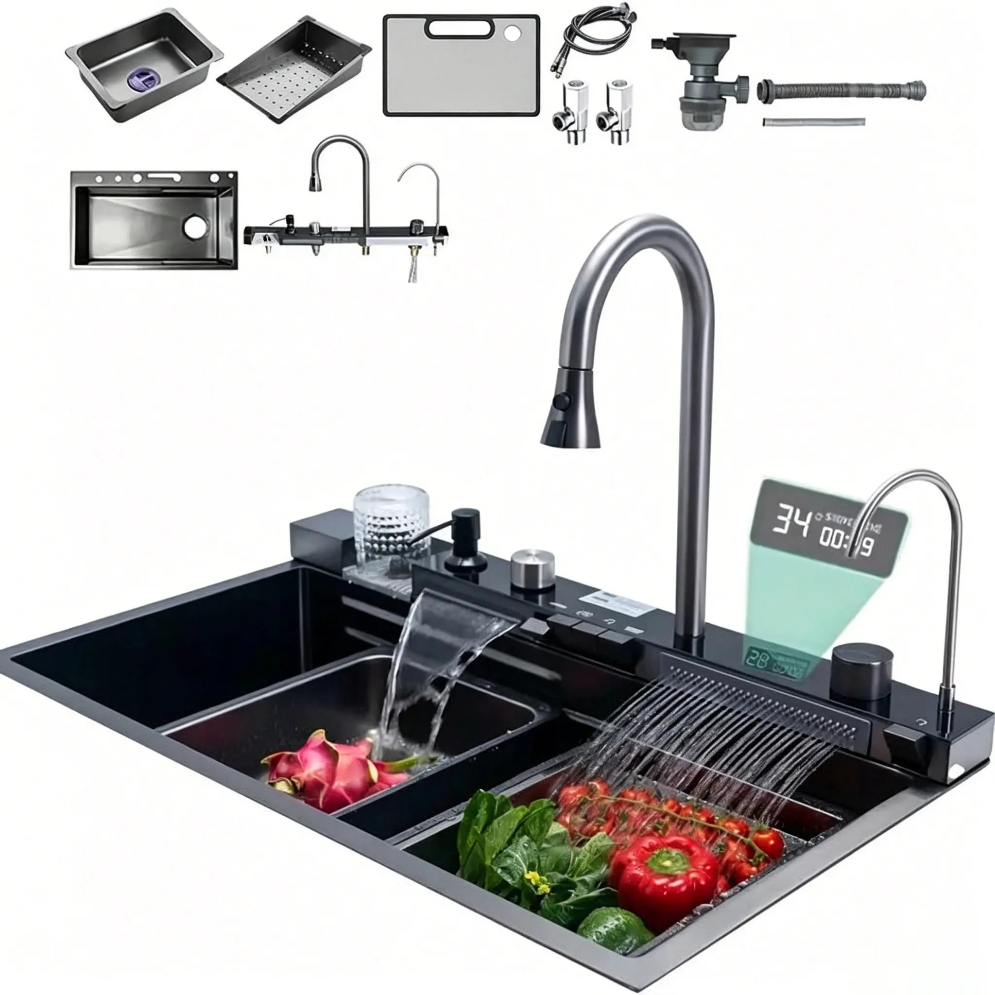 30x18 Inch Modern Stainless Steel Kitchen Sink with Dual Waterfalls, Pull-Out Faucet & Digital Display - SUS304, Water-Saving Design, Includes Installation Hardware, Kitchen Sink Accessories Large Stainless Steel Waterfall Kitchen Sink