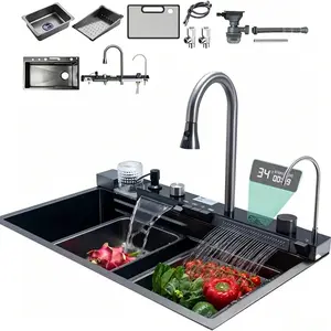 30x18 Inch Modern Stainless Steel Kitchen Sink with Dual Waterfalls, Pull-Out Faucet & Digital Display - SUS304, Water-Saving Design, Includes Installation Hardware, Kitchen Sink Accessories Large Stainless Steel Waterfall Kitchen Sink