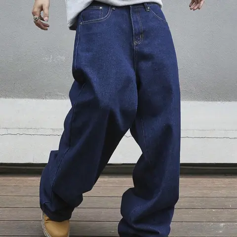 Men's Street Style Loose Denim Cuffed Barrel, Casual Comfy Wide Leg Trousers for Daily Wear, Woven Bottoms for All Seasons Loose Fit