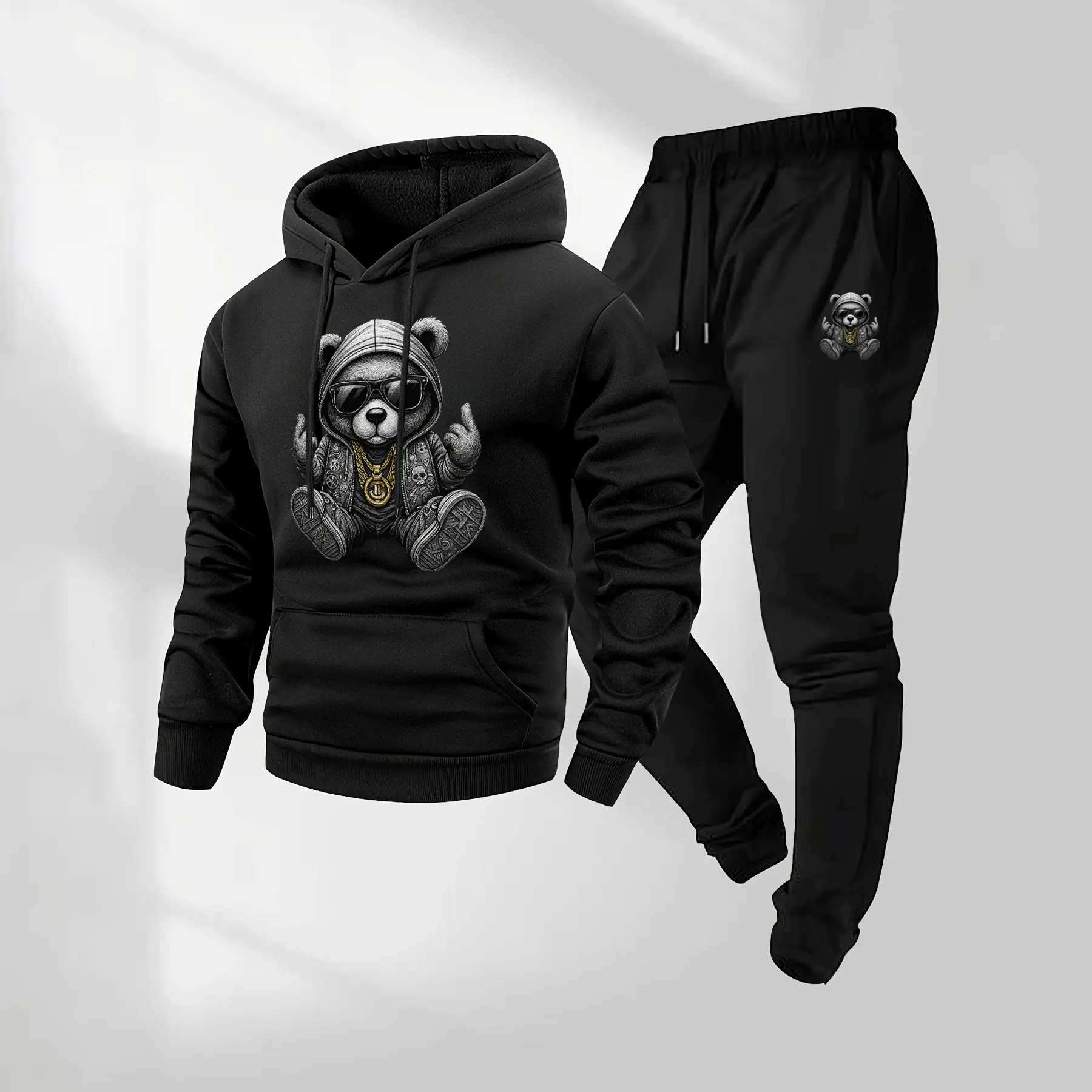 Men's 2-Piece Clothing Set - Hip Hop Cartoon Bear Pattern Hoodie & Drawstring Track Pants with Pockets, Long Sleeve Hooded Jacket, Jogger Pants, Fall Winter Sportswear, Sporty Style for Everyday Indoor & Outdoor Use, Men's Clothing Sets