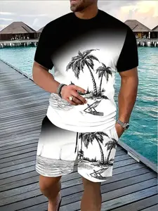 Men's Casual Fashion Set with Short Sleeve and Shorts, Gradient Color Tropical Coconut Tree Pattern, Fitted Summer for Travel