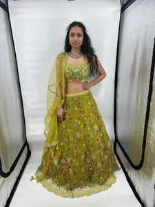 Lime Green Floral Embroidered Net Lehenga Choli with Dupatta