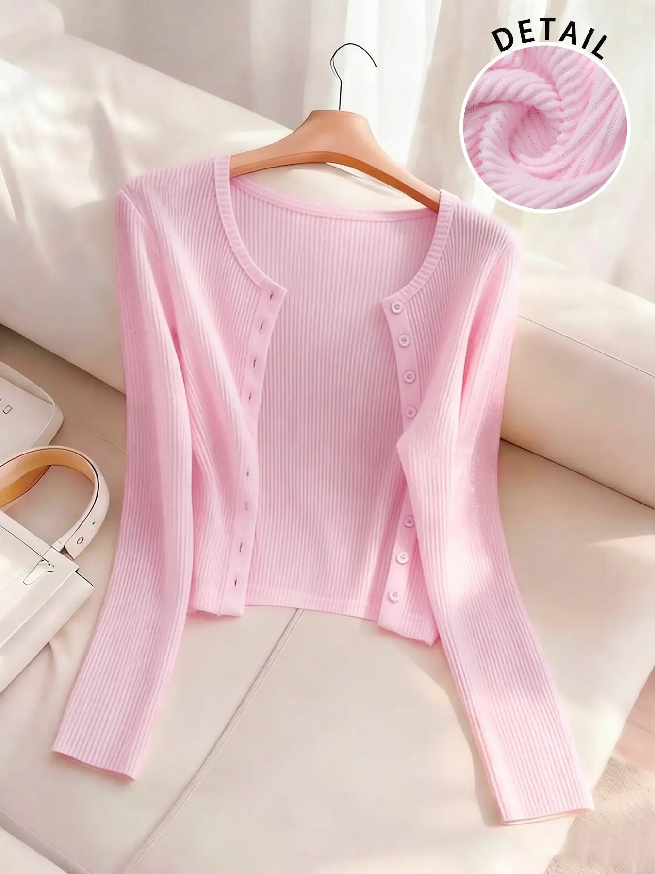 Women's Soft Pink Ribbed Casual Fashion Knit Cardigan, Long Sleeve Button Down Fitted Knitwear Top, Feminine Casual Slim Fit Knitwear Sweater for Daily Wear
