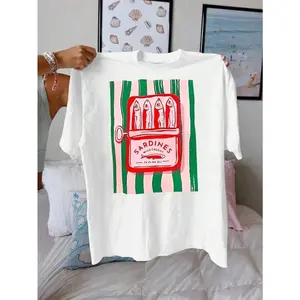 Unisex "Sardines Can" Retro Illustration T-Shirt Cute Striped Seafood Design Soft Cotton Short Sleeve Crew Neck Top Summer Coastal Streetwear Tee