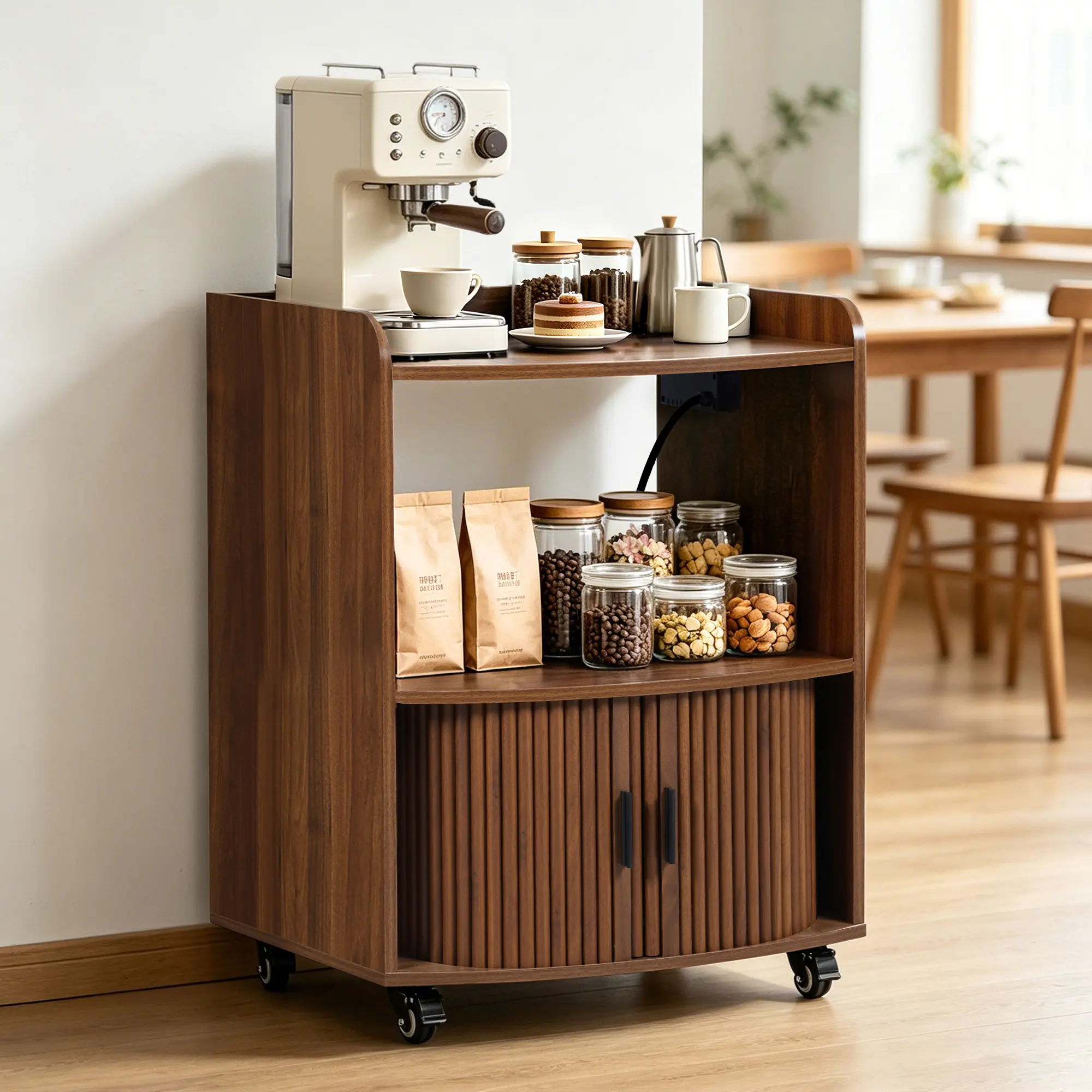 FurSch Multi-Functional Storage Cabinet with Wheels, Coffee Bar Table, Vinyl Record & CD Storage, Printer Stand, Mid Century Modern Fluted Media Cabinet