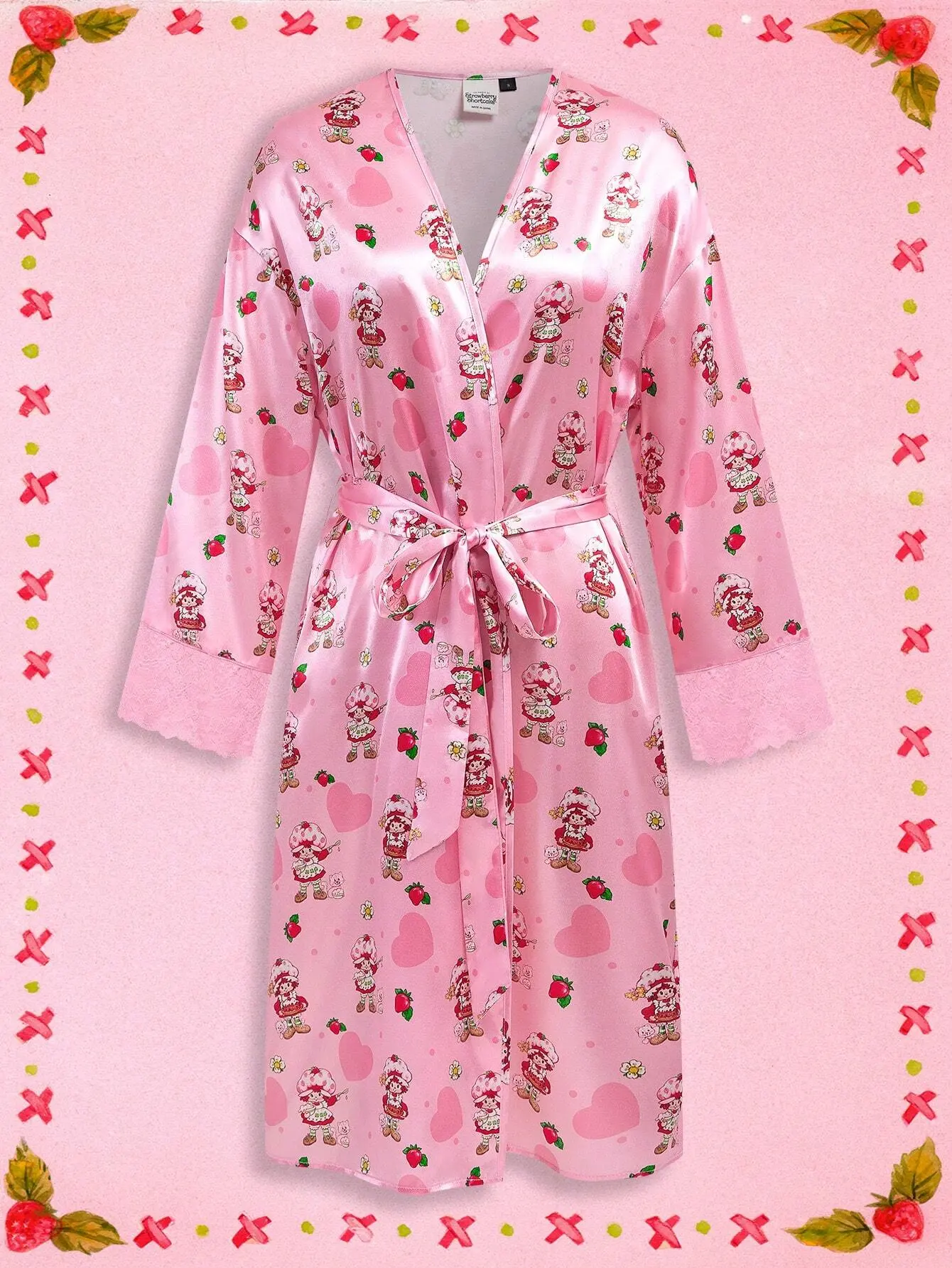 Strawberry Shortcake × Women’s Faux Silk Robe | Cartoon Character & Strawberry Print Lace Trim Tie-Waist Kimono | Cute Fall & New Year Outfit