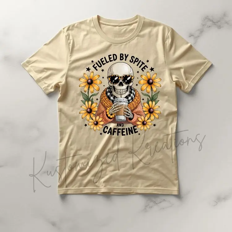 Fueled By Spite Caffeine Skull Sunflowers • T-shirt Tee Shirt Comfortable Unisex Sublimation Casual Graphic Santa Tshirt Tee Stylish Crewneck Top Cute Sunflower