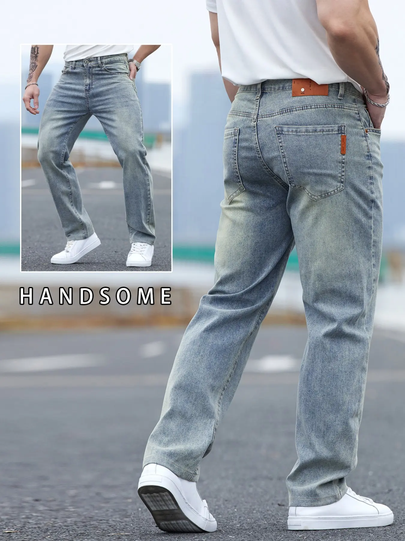 Men's Vintage Washed Denim Jeans, Trendy Fitted Straight Leg Pants, Comfortable All Season Casual Wear, Embroidered Leather Patch Design, Pocket