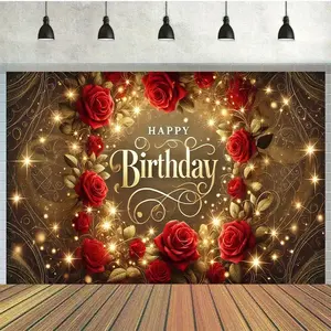 1pc 2D Flat Celebration of red roses, Polyester Photography Backdrop , Birthday Banner Flag Supplies, Cake Table Studio Party Decoration and Portrait Photo Shoot, Outdoor celebration activities, Mul White