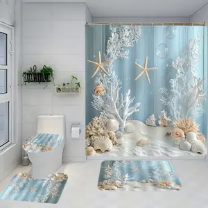 1/4 piece ocean themed bathroom set, including soft floor mats, toilet seat cushions, and shower curtains, to create elegant decoration and home decor. The floor mats rebound well, absorb water, prevent slipping, and are the first choice for gift giving