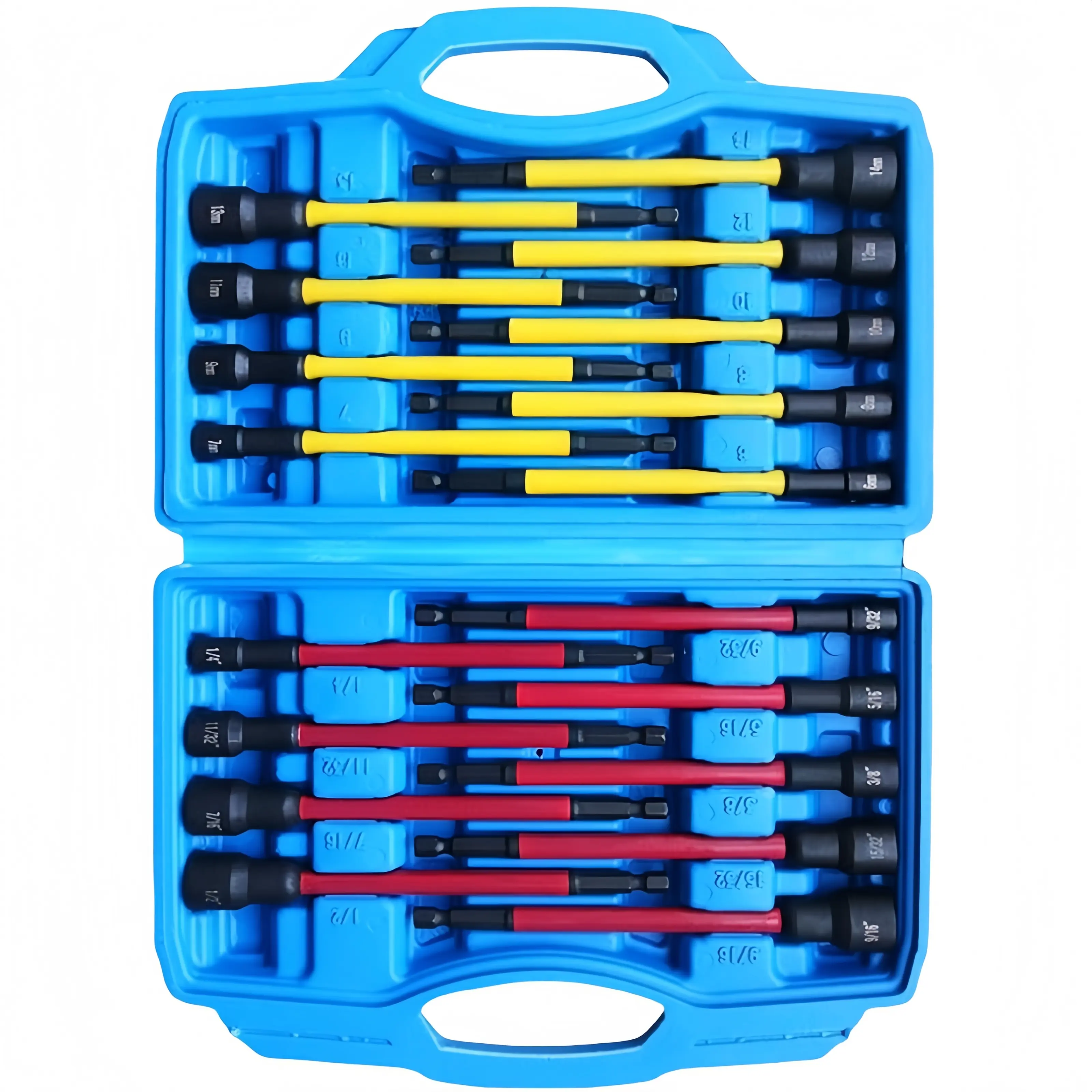 18Pcs Extended Shaft Long Magnetic Nut Driver Bit Set - Alloy Steel, Dual Sizes Metric & SAE Color-Coded, 1/4 Quick-Change Hex Shank Socket Drill Bits Kit with Smooth Coating, Storage Case for Impact Wrench, Auto Repair Tools