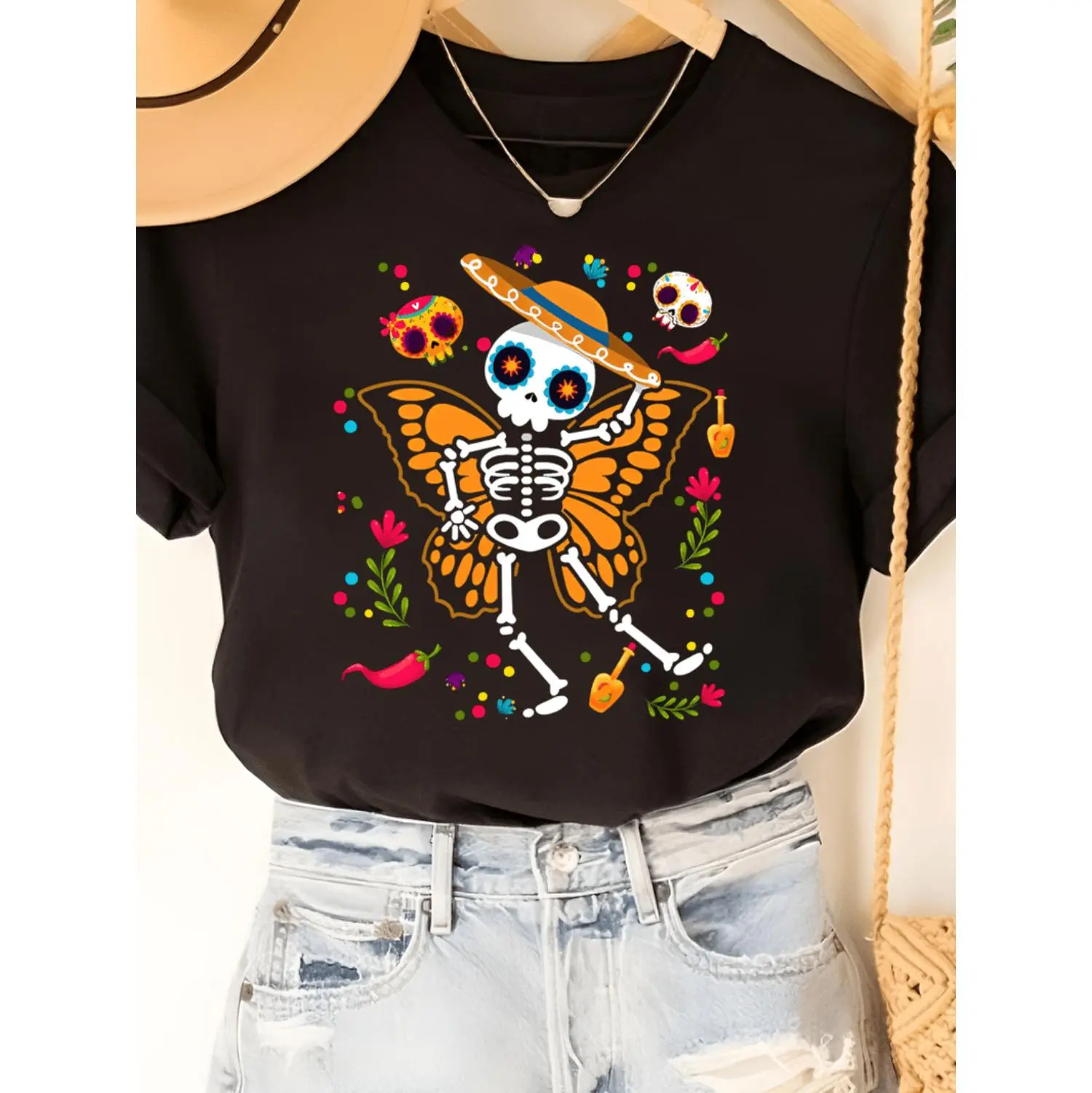 Stylish Halloween T-Shirt for Women Featuring Skeleton and Butterfly Design Comfortable Crew Neck Short Sleeve Top Ideal for All Seasons